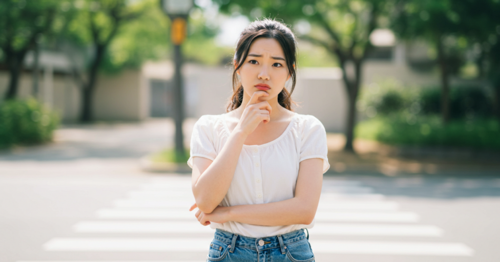 女性が顎に手を置いて考えこんでいる様子