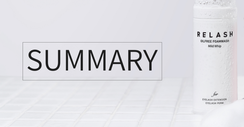 バスルームのような白タイルの上にリラッシュが置いてあり、余白にまとめのサマリーという文字がはいいたイメージ画像