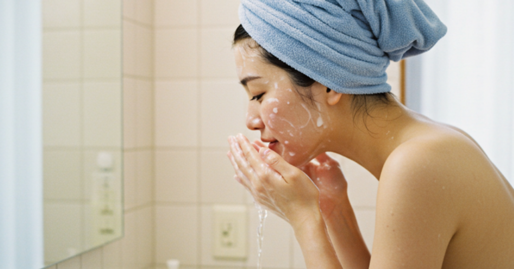 洗面所でターバンを巻いた女性が洗顔を洗い流している様子