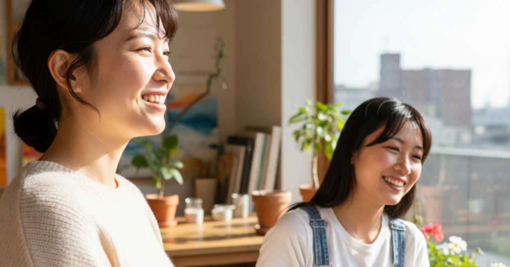 窓際で女性二人が自然光を浴びながら談笑しているナチュラルな風景