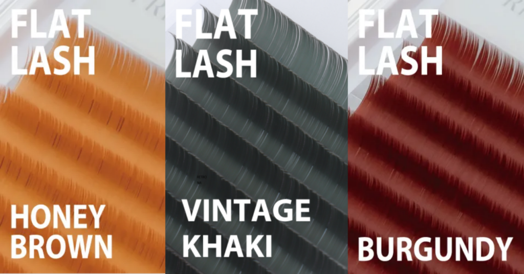 フラットラッシュのハニーブラウン、ビンテージカーキ、バーガンディの3色のエクステの毛がアップで並んでいる様子