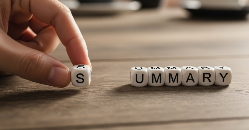 SUMMARYと書いてあるサイコロを並べている手元のアップ